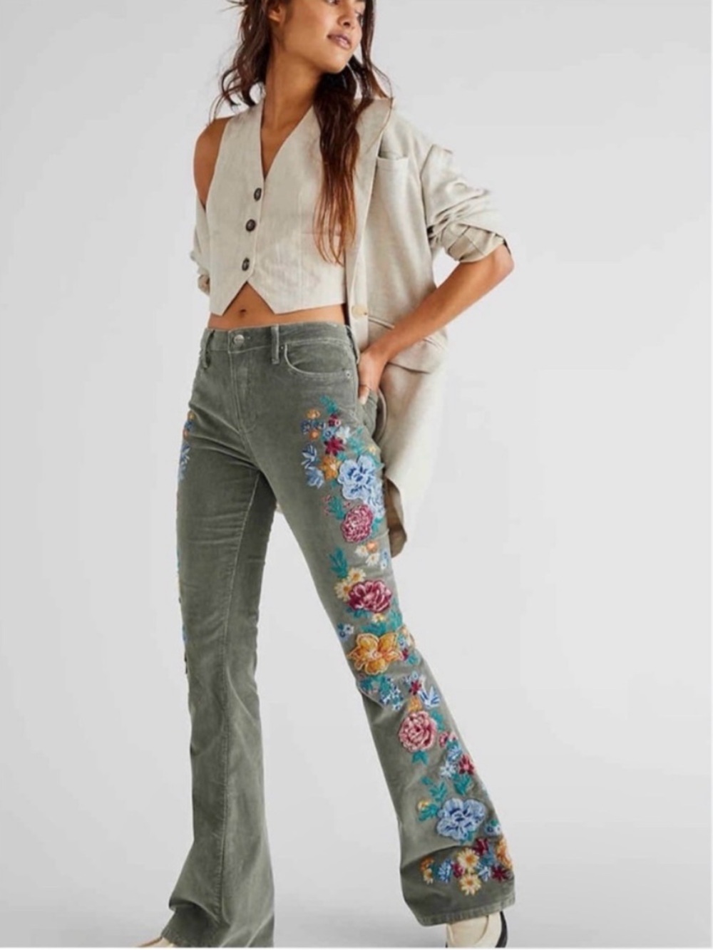 Olive Floral Embroidered Corduroy Flare Pants
